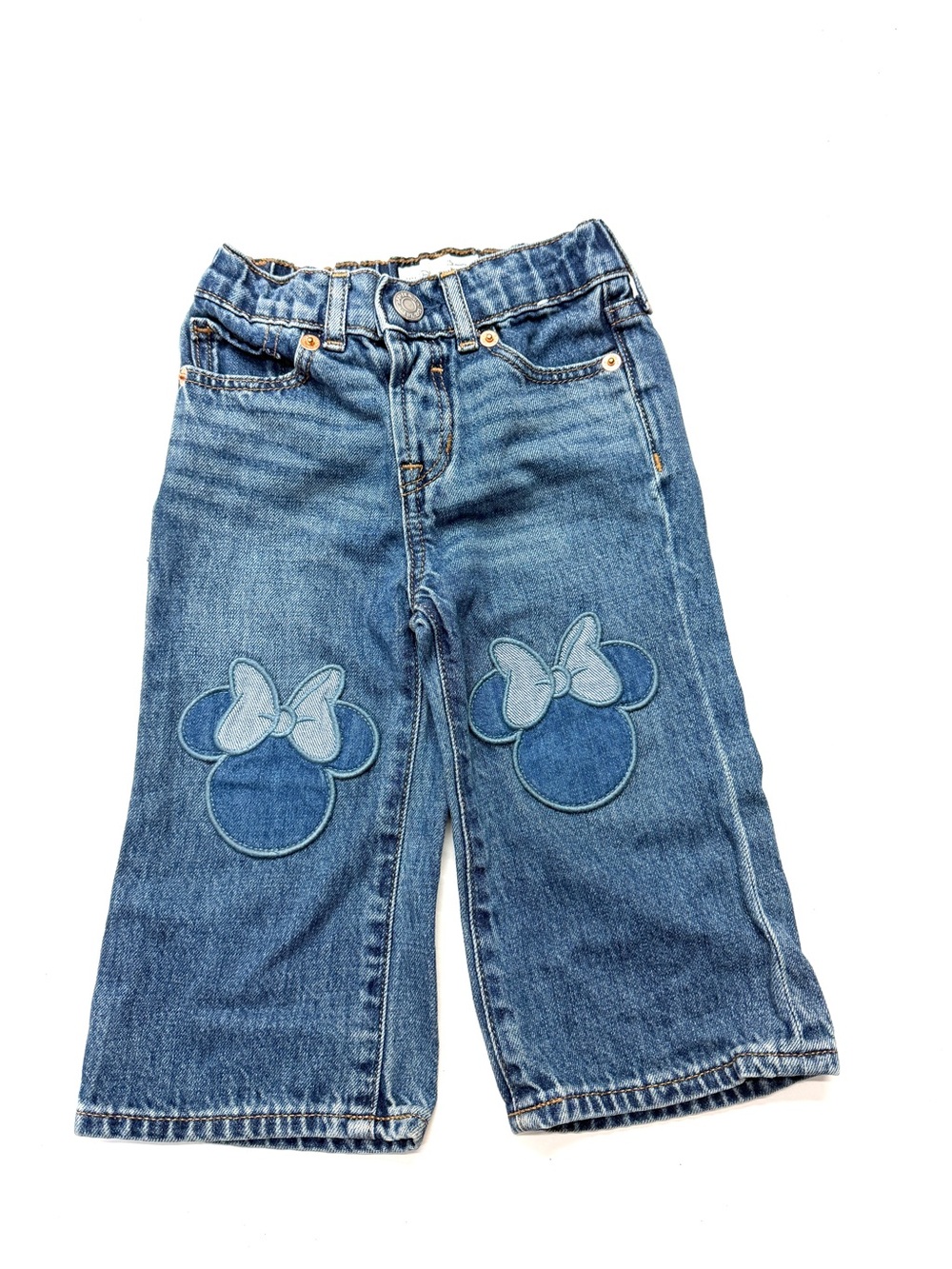 Baby GAP Disney Girls Blue Denim Jeans Minnie Mouse Bow Knee Appliquรฉs